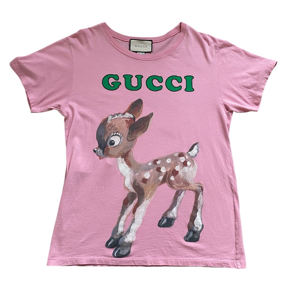 Gucci Pink Bambi Deer Floral Print Short Sleeve Cotton T-Shirt Womens Size Small - Picture 2 of 16